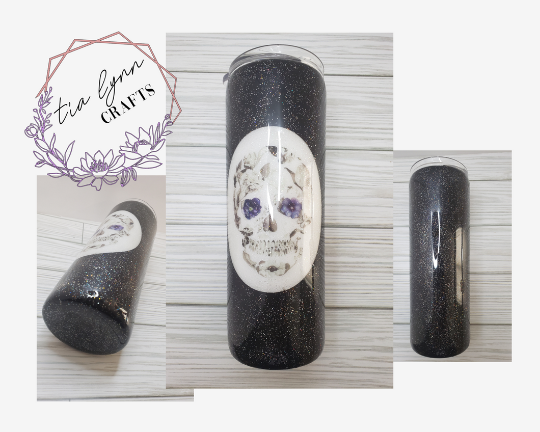 Flower Skull Black Glitter Tumbler